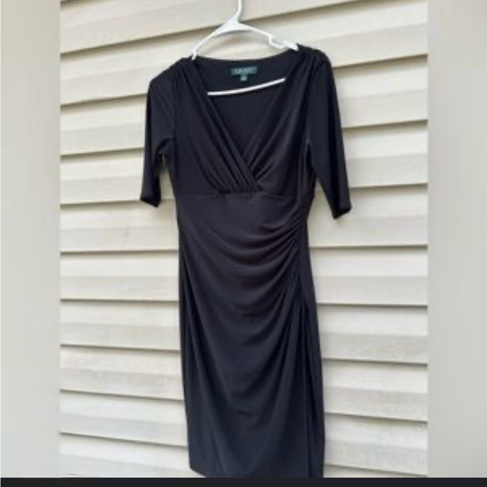 Lauren Ralph Lauren Black Midi Dress Faux Wrap, V-neck, Ruched, Bodycon (6)